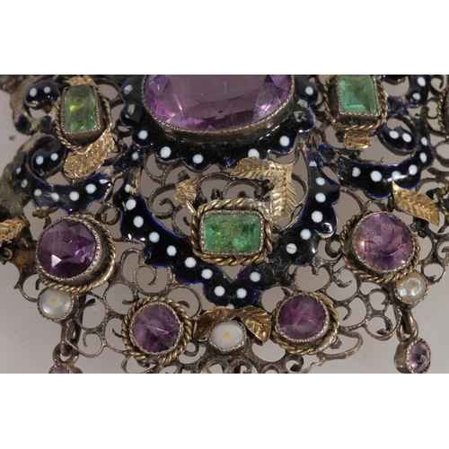 203 - Antique enamel white metal amethyst, pearl and emerald openwork pendant brooch, the green, white and... 