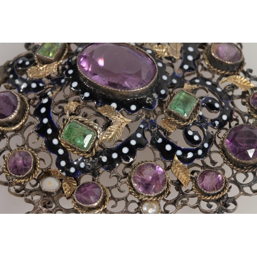 203 - Antique enamel white metal amethyst, pearl and emerald openwork pendant brooch, the green, white and... 