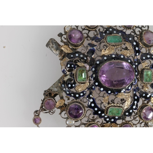 203 - Antique enamel white metal amethyst, pearl and emerald openwork pendant brooch, the green, white and... 