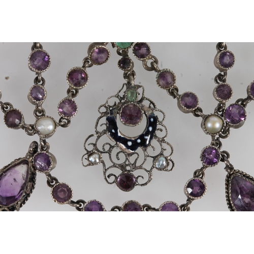 203 - Antique enamel white metal amethyst, pearl and emerald openwork pendant brooch, the green, white and... 