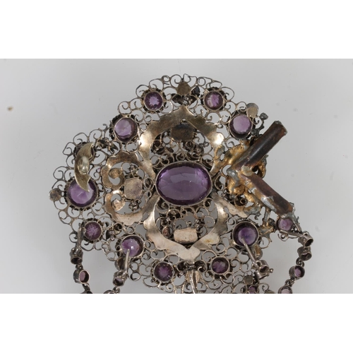 203 - Antique enamel white metal amethyst, pearl and emerald openwork pendant brooch, the green, white and... 