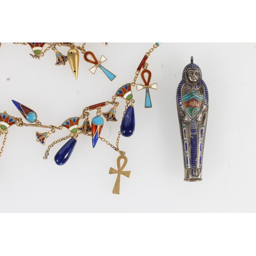 205 - Egyptian Revival silver and enamel pencil in the form of a sarcophagus, the ring mount stamped, 5cm ... 