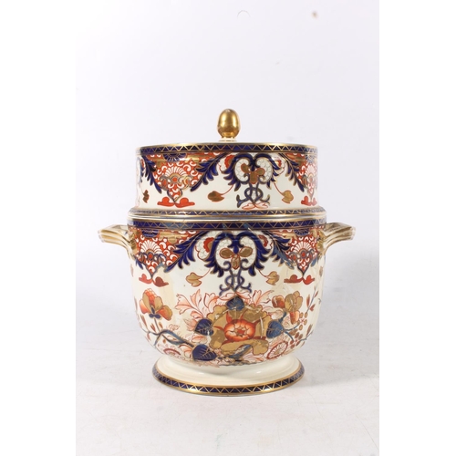 431 - Pair of Derby porcelain ice pails decorated in the Imari palate, 27cm tall.