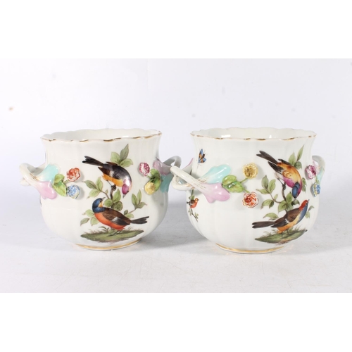 432 - Two pairs of German porcelain jardinières in the manner of Meissen and Dresden decorated with relief... 