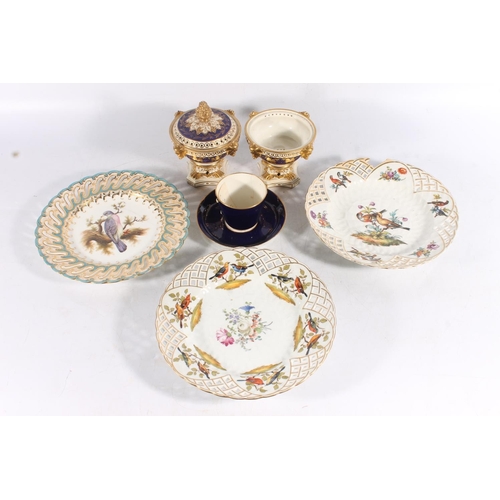 434 - 19th century porcelain to include: Derby Royal blue and gilt pot pourri vase (af). Two reticulated e... 