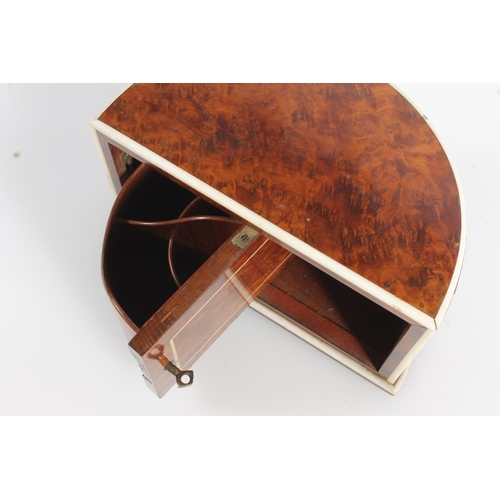 450 - Art Deco birds eye walnut and ivory bound demi lune cigarette box with secret revolving compartment,... 