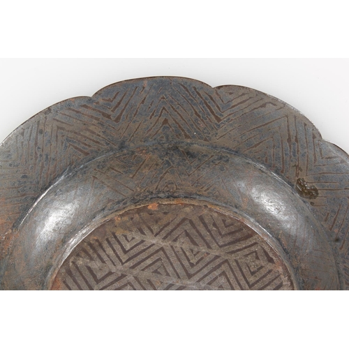 467 - Antique Eastern gold and silver damascene inlaid iron white metal dish, 20cm diameter.