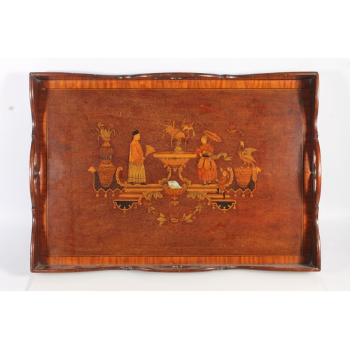 488 - Antique marquetry mahogany twin handled tray having crossbanded edge and serpentine gallery, the int... 