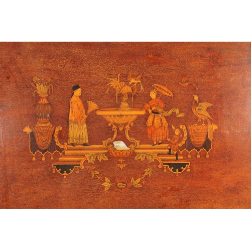 488 - Antique marquetry mahogany twin handled tray having crossbanded edge and serpentine gallery, the int... 