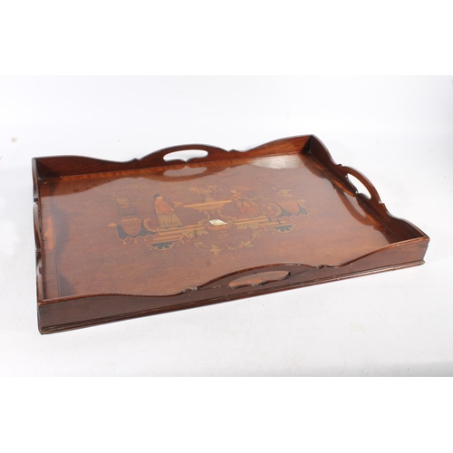 488 - Antique marquetry mahogany twin handled tray having crossbanded edge and serpentine gallery, the int... 