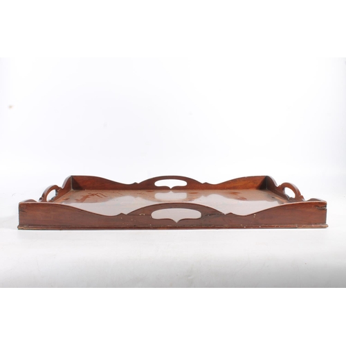 488 - Antique marquetry mahogany twin handled tray having crossbanded edge and serpentine gallery, the int... 