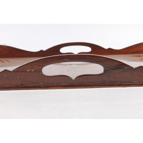 488 - Antique marquetry mahogany twin handled tray having crossbanded edge and serpentine gallery, the int... 