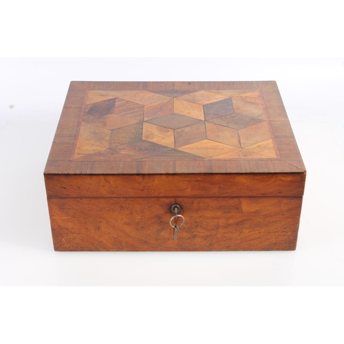 490 - Antique walnut and specimen wood parquetry box, the hinge top with cube design opening to reveal an ... 