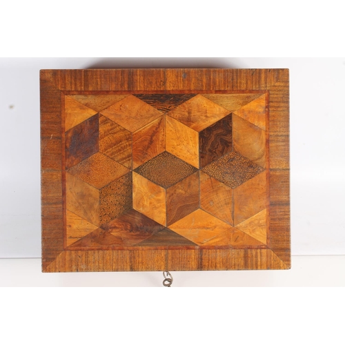 490 - Antique walnut and specimen wood parquetry box, the hinge top with cube design opening to reveal an ... 