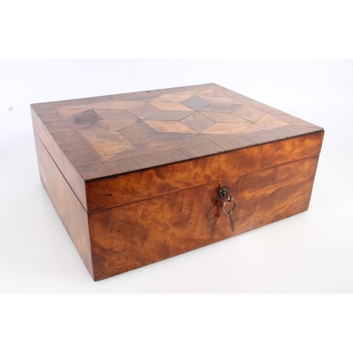 490 - Antique walnut and specimen wood parquetry box, the hinge top with cube design opening to reveal an ... 