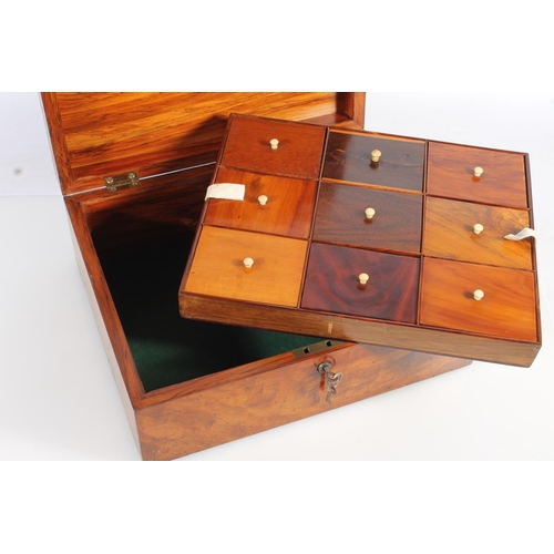 490 - Antique walnut and specimen wood parquetry box, the hinge top with cube design opening to reveal an ... 