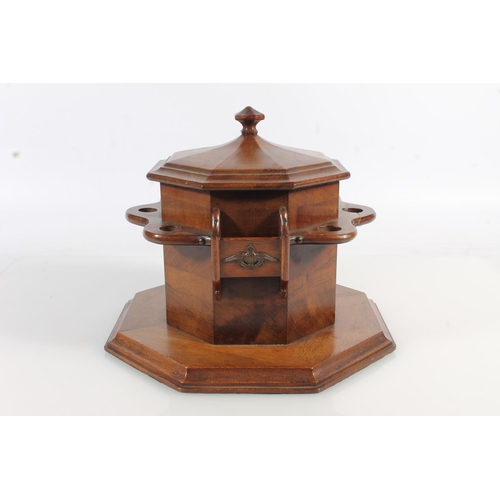 491 - Early 20th century mahogany combination pipe stand tobacco box with two RFC (Royal Flying Corps) bad... 