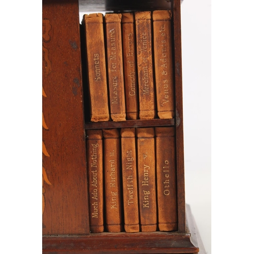 492 - Miniature mahogany and marquetry inlaid revolving bookstand with leather bound miniature Shakespeare... 