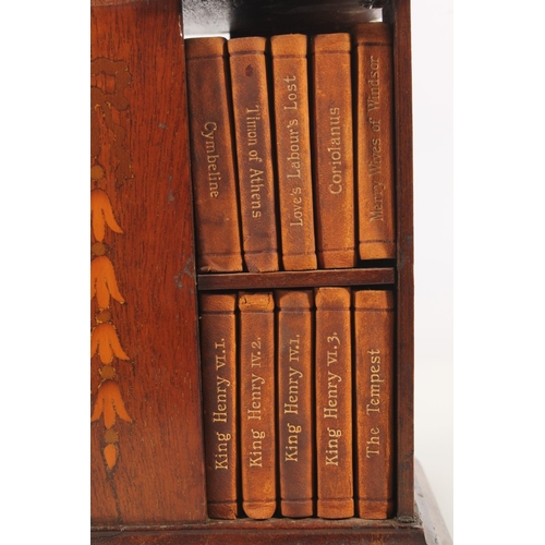 492 - Miniature mahogany and marquetry inlaid revolving bookstand with leather bound miniature Shakespeare... 