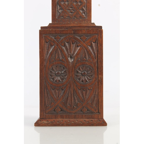 493 - Antique chip carved mahogany 'poor man's clock' pocket watch stand in the form of a miniature grandf... 