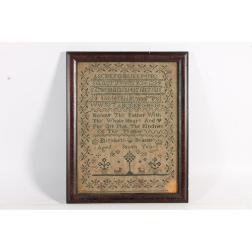 494 - Antique needlework sampler with alphabets, numbers, 'Honour Thy Father' verse, depictions of tree, f... 