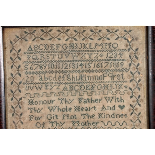 494 - Antique needlework sampler with alphabets, numbers, 'Honour Thy Father' verse, depictions of tree, f... 