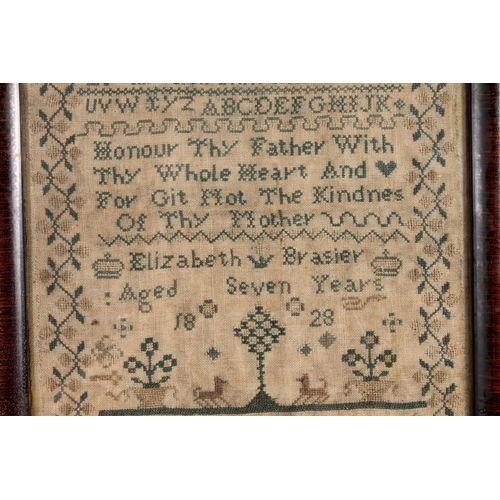 494 - Antique needlework sampler with alphabets, numbers, 'Honour Thy Father' verse, depictions of tree, f... 