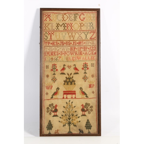 495 - Antique needlework sampler with alphabet, numbers, bird and tree motifs, executed by Agnes Powrie, 4... 