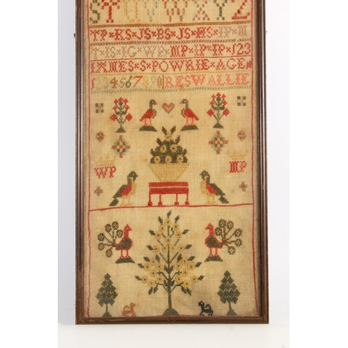 495 - Antique needlework sampler with alphabet, numbers, bird and tree motifs, executed by Agnes Powrie, 4... 