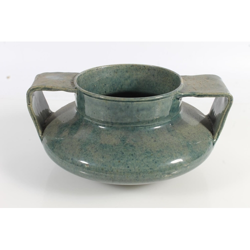 496 - Scottish Pottery, a Dumore mottled blue glazed squat two handled vase, impressed mark to the base, 1... 