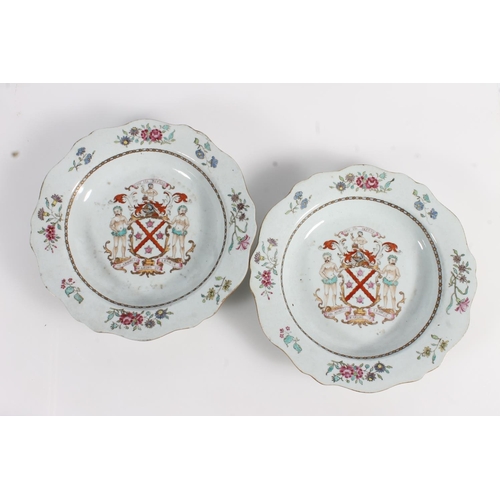 497 - Pair of Sampson of Paris antique armorial porcelain soup dishes bearing Clan Lennox family crest wit... 