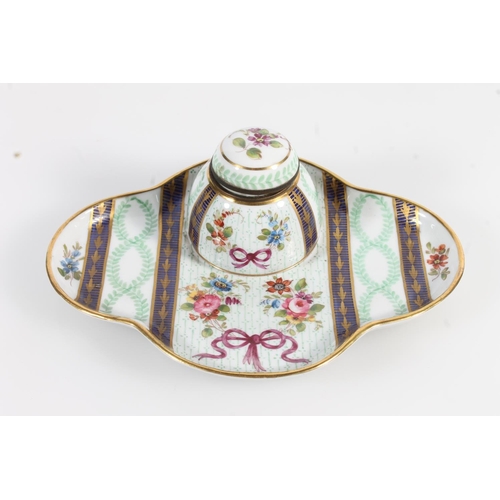 498 - Antique style porcelain inkwell deskstand of quatrefoil shape decorated with garland of flowers and ... 