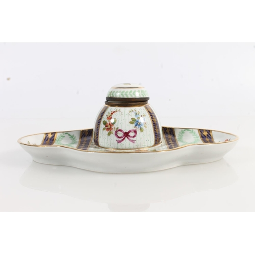 498 - Antique style porcelain inkwell deskstand of quatrefoil shape decorated with garland of flowers and ... 