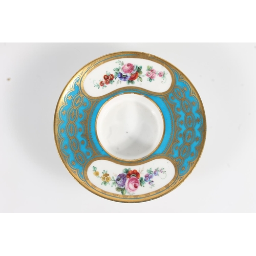 500 - French Sèvres porcelain chocolate cup and cover with matching stand having blue gilt borders and han... 