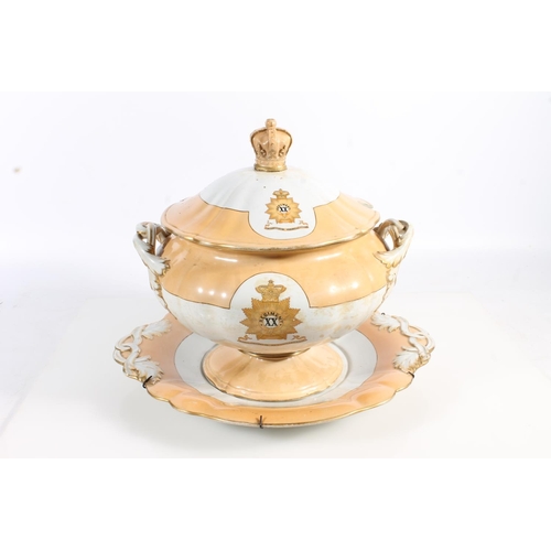 504 - Antique porcelain soup tureen on stand having 20th Indian Regiment (Carnatic Battalion) crest with t... 