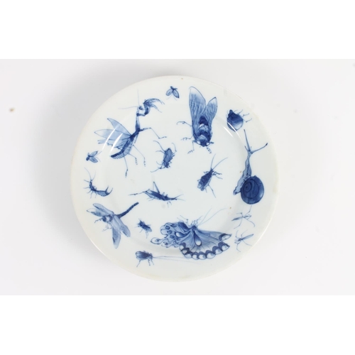 505 - Antique Japanese porcelain blue and white dish decorated with insects, six character mark to the bas... 