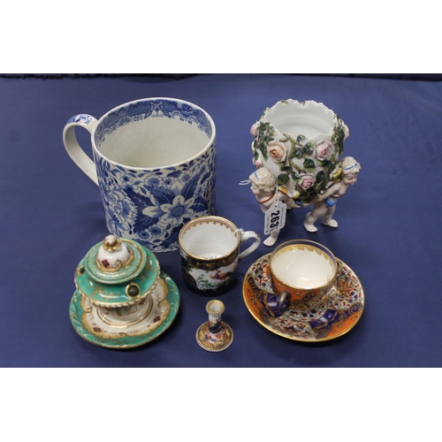 507 - 19th century ceramics to include a blue and white transfer printed tankard, a Continental porcelain ... 