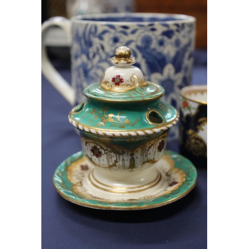 507 - 19th century ceramics to include a blue and white transfer printed tankard, a Continental porcelain ... 