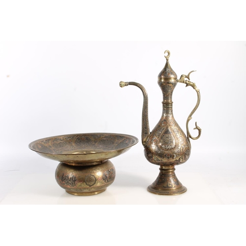 508 - Islamic Mamluk Revival type copper and silver inlaid brass coffee pot with Arabic script, 42cm tall ... 