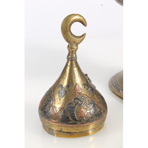 508 - Islamic Mamluk Revival type copper and silver inlaid brass coffee pot with Arabic script, 42cm tall ... 