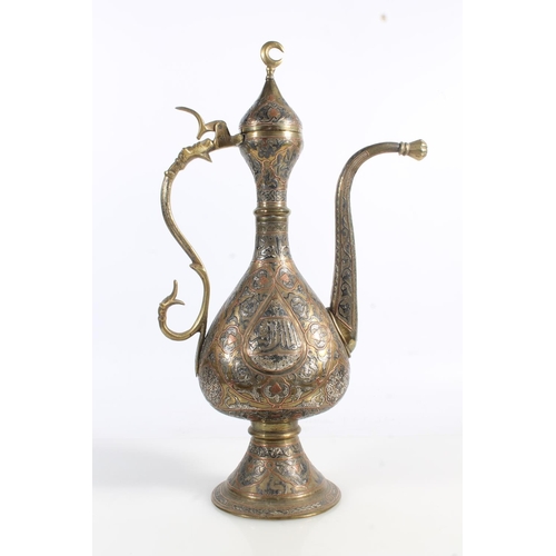 508 - Islamic Mamluk Revival type copper and silver inlaid brass coffee pot with Arabic script, 42cm tall ... 