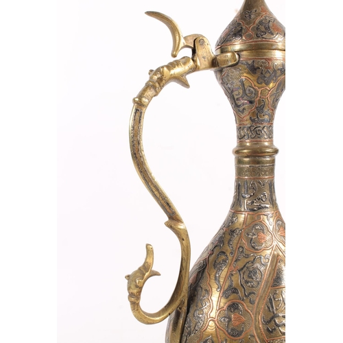 508 - Islamic Mamluk Revival type copper and silver inlaid brass coffee pot with Arabic script, 42cm tall ... 