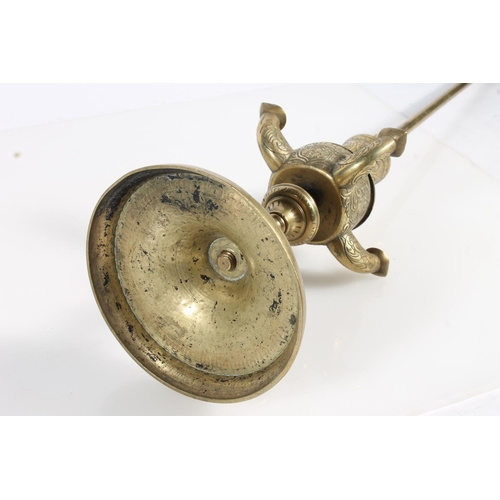 509 - Unusual Anglo Indian brass four light rush oil lamp with all over incised floral pattern, 67cm tall.