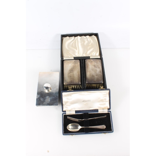 164 - Pair of Art Deco silver backed grooming brushes, held in fitted case, a silver clad blotter engraved... 