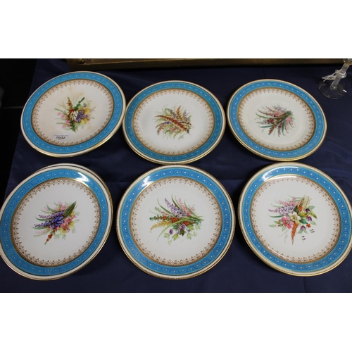 463 - Royal Worcester porcelain dessert service comprising tazza and six plates having turquoise blue gree... 