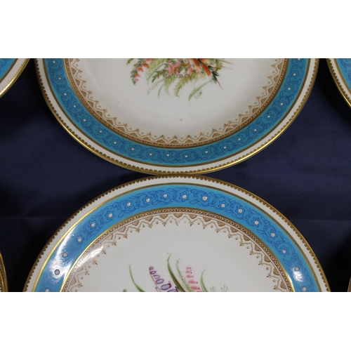 463 - Royal Worcester porcelain dessert service comprising tazza and six plates having turquoise blue gree... 