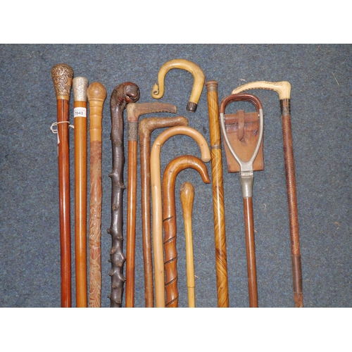 475 - White metal topped Malacca cane, another and a group of walking sticks.