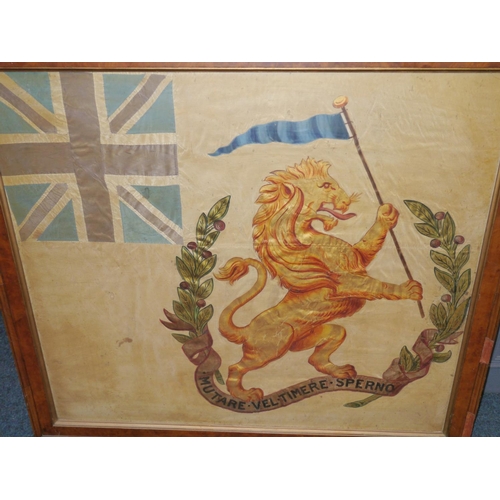 430 - Antique painted stitched silk flag panel depicting crest with lion rampant holding a blue pennant wi... 