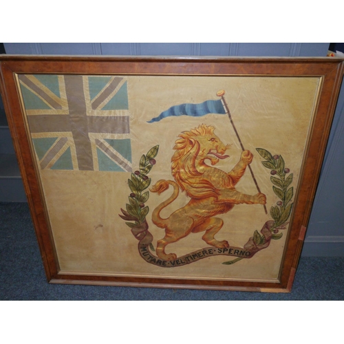 430 - Antique painted stitched silk flag panel depicting crest with lion rampant holding a blue pennant wi... 