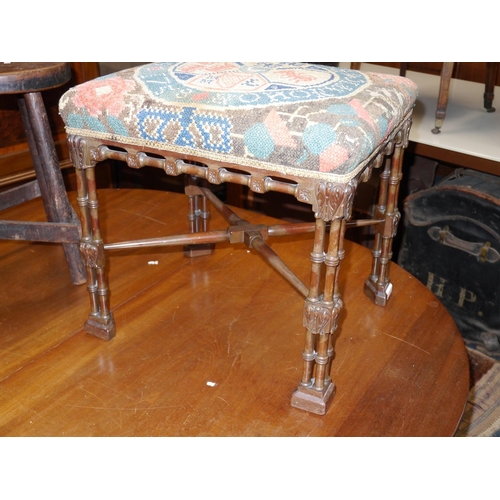 587 - Chinese Chippendale style upholstered stool, the top covered with tapestry depicting a family crest ... 